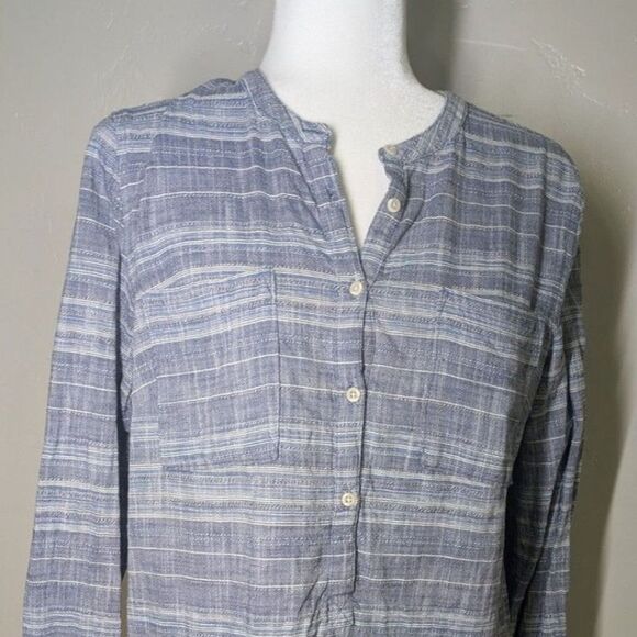 Merona Denim Blue Henley Striped Boyfriend Shirt Tunic Cotton Blouse | Large‎ - Picture 8 of 8